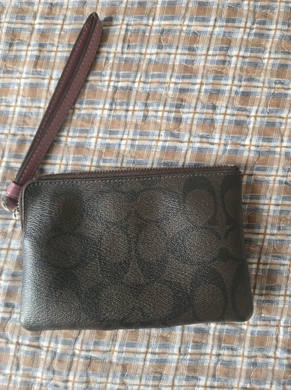 Coach Brown Signature Canvas Wristlet with Pink Leather Center Stripe
